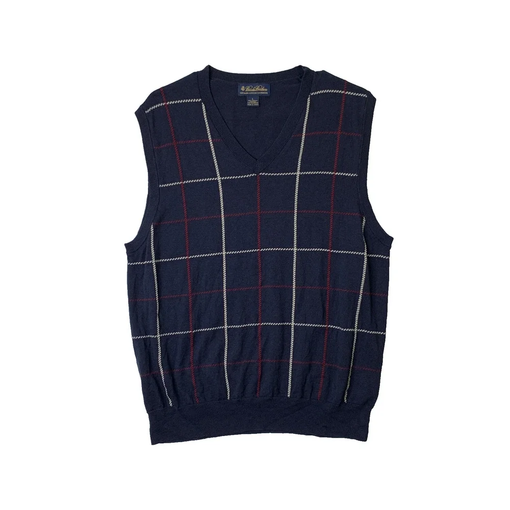 Brooks Brothers Sweater Vest Men L Large Navy Cotton Cashmere Blend V Neck Plaid